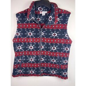 LAVON Womens Fleece Vest Snowflake Fair Isle Print‎ Navy Red Zip Up Pockets Sz L